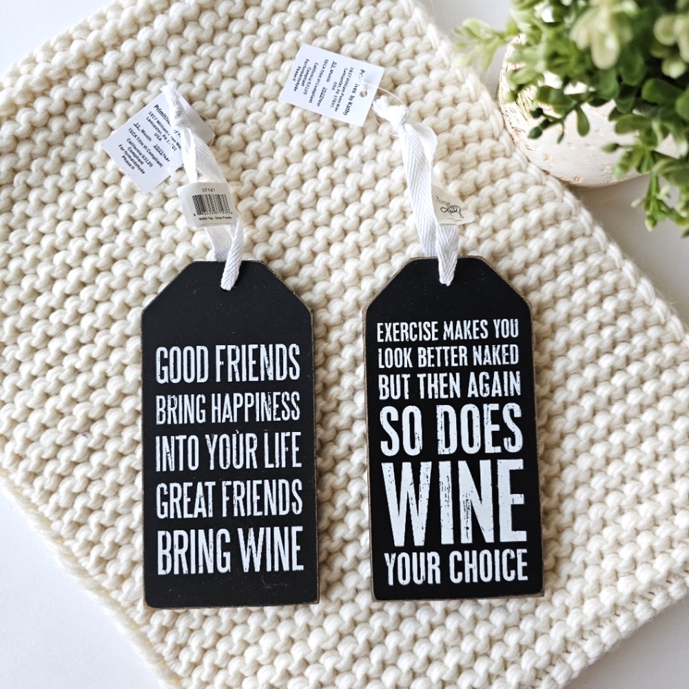 Primitives by Kathy Set of 2 Trimmed Wooden Wine Bottle Tags, Brand New